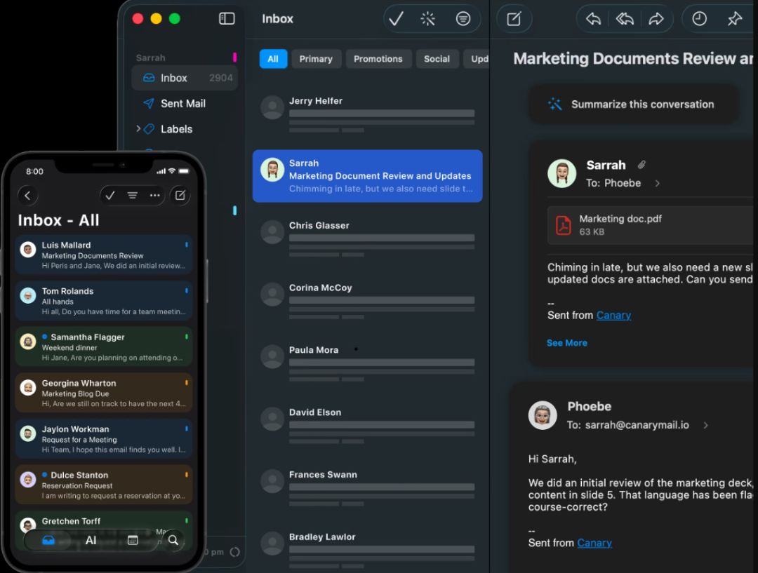 Canary Mail AI email client interface showing conversation summarization and encrypted email workflow
