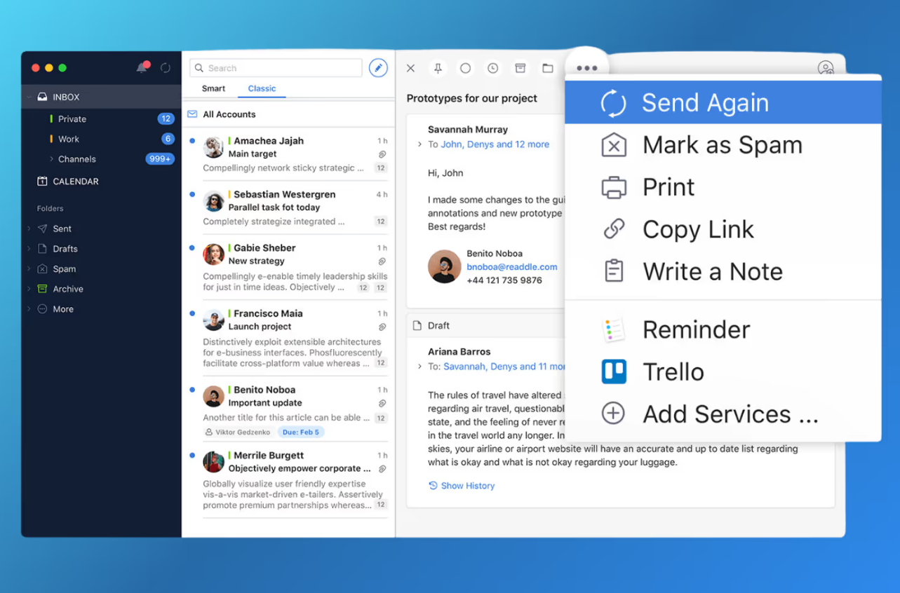 Spark email client interface showing Smart Inbox, message list, and productivity actions like send again, reminders, and integrations.