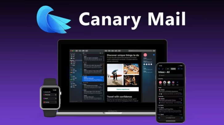 A display of the Canary Mail interface across a laptop, smartphone, and smartwatch, showcasing its modern, unified design for a Canary Mail vs eM Client comparison.