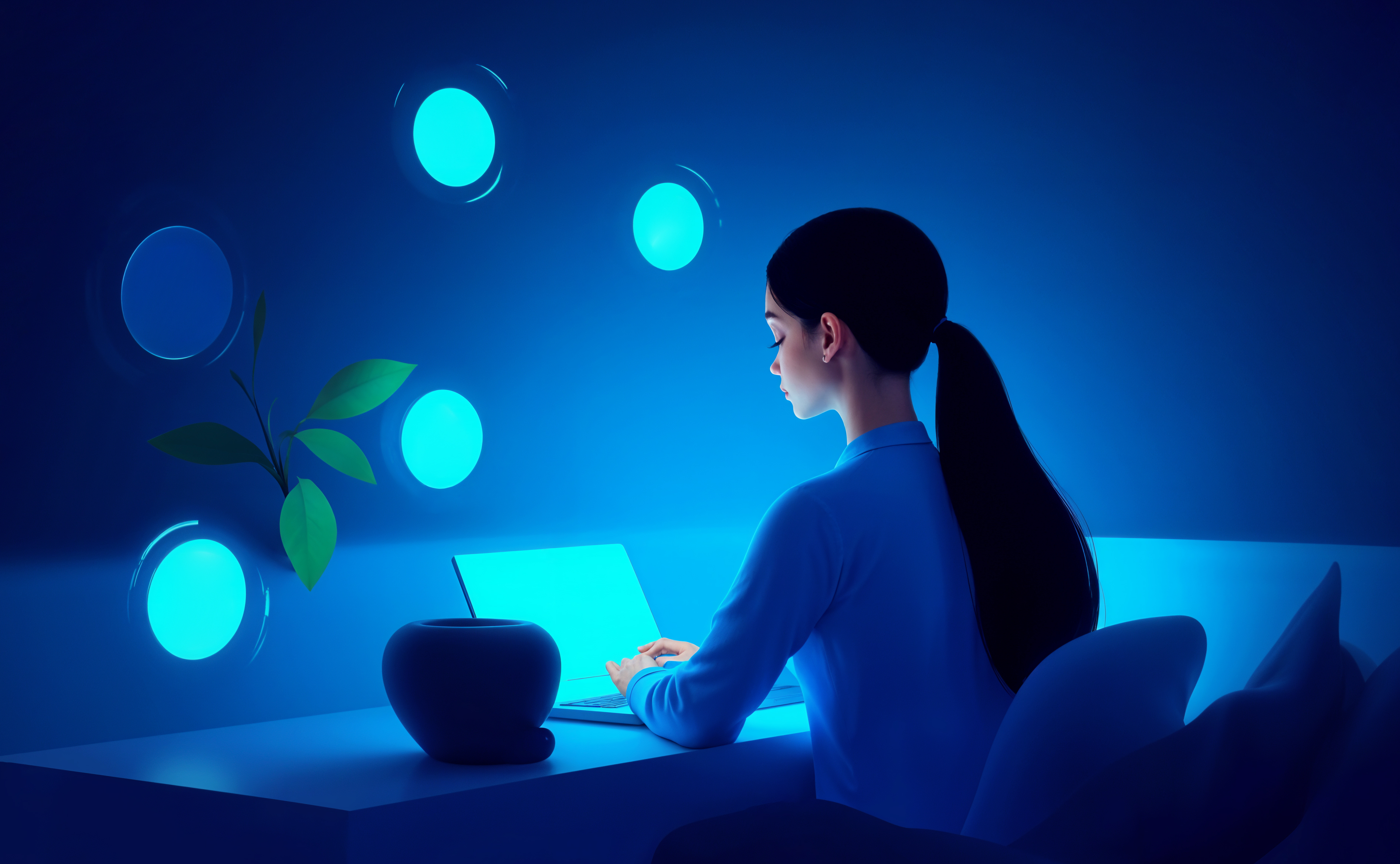 Professional using AI-powered email app on Mac in a modern blue workspace