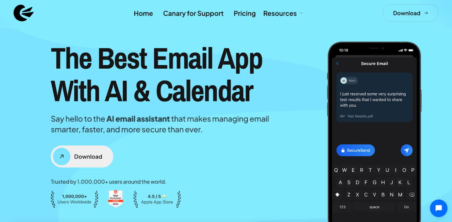 Canary Mail interface showing a privacy-focused Spark Mail alternative with AI email tools