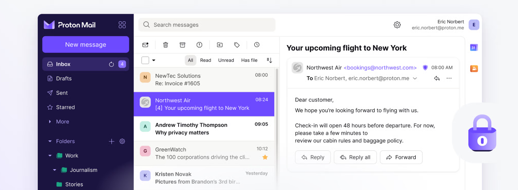 ProtonMail inbox interface showing secure email features, encrypted messages, folders, and privacy-focused email management.