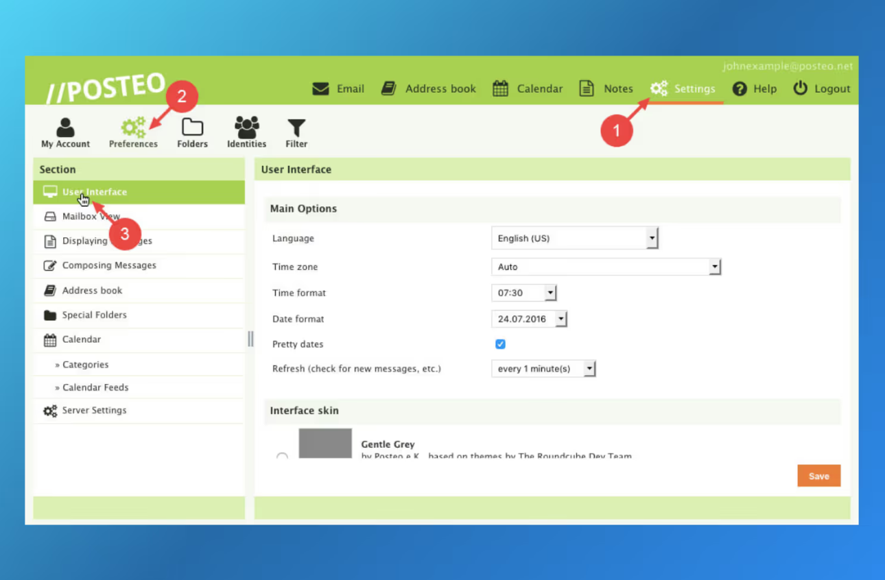 Posteo green email web interface showing inbox, calendar, address book, and customizable settings