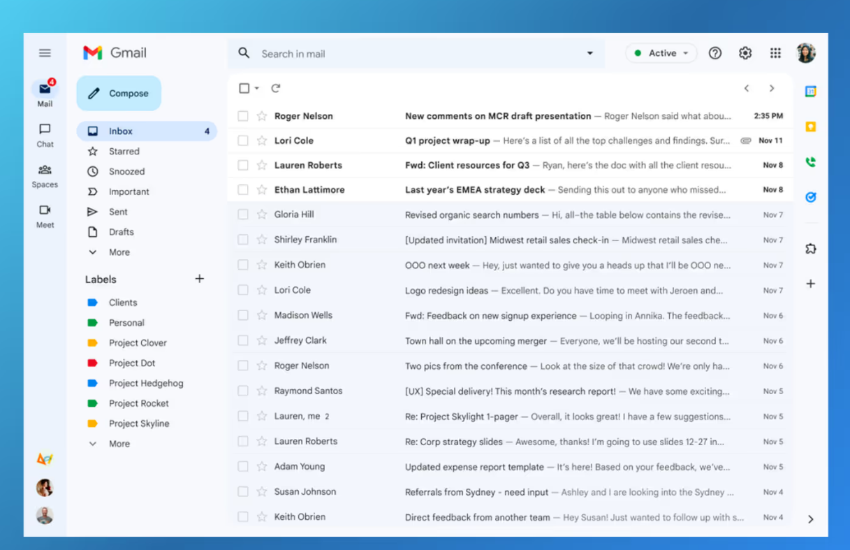 Gmail web inbox screenshot showing categorized emails, labels, search bar, and project folders