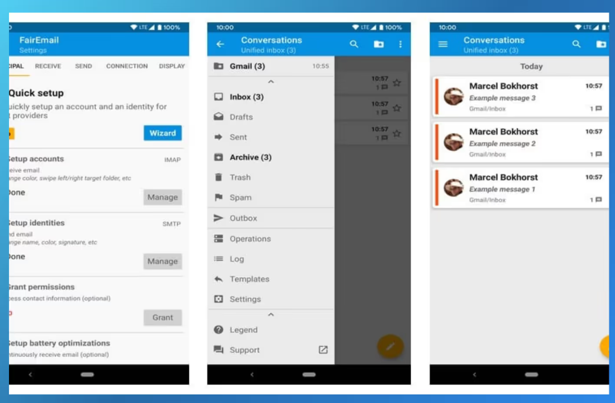 FairEmail Android app interface showing unified inbox and privacy-focused email features, a secure Tutanota alternative for Android users