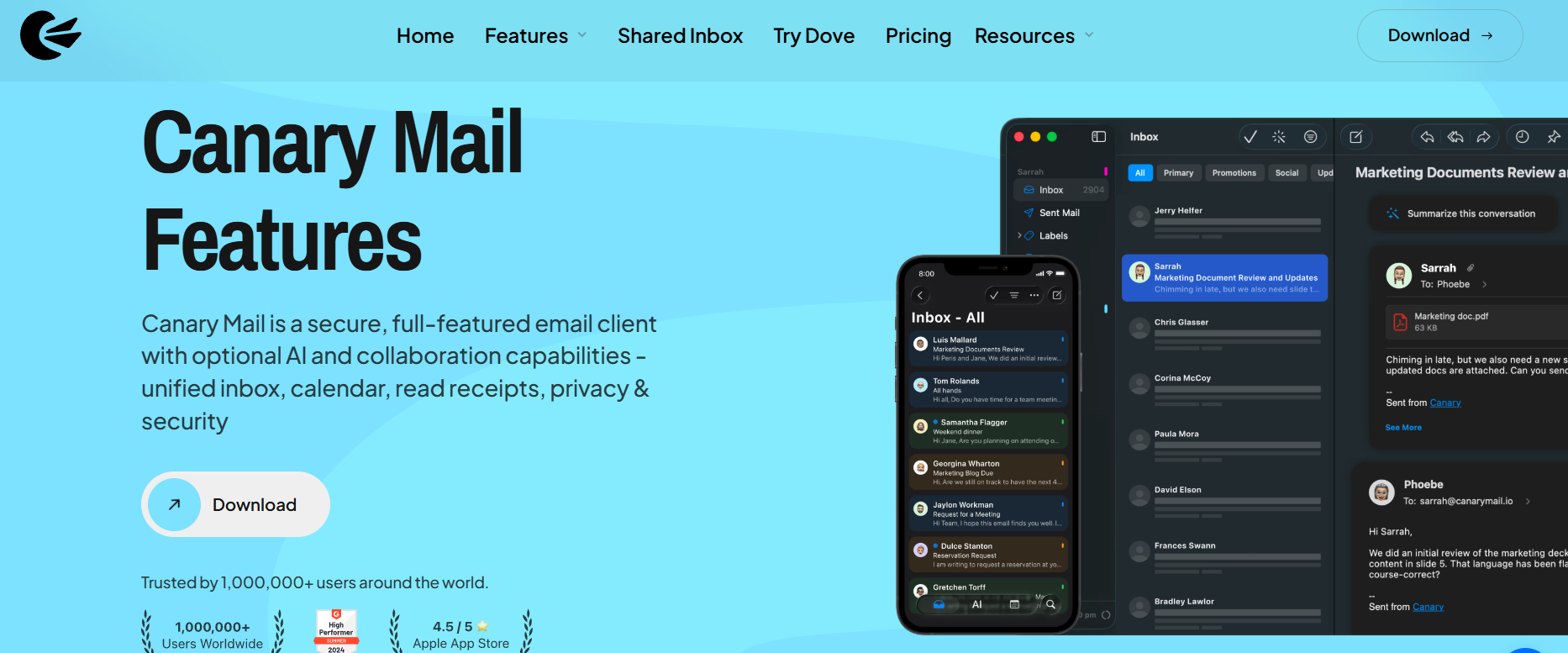 The Canary Mail dashboard displayed on a MacBook, iPhone, and Apple Watch as a reliable alternative when Mac Mail is not opening.
