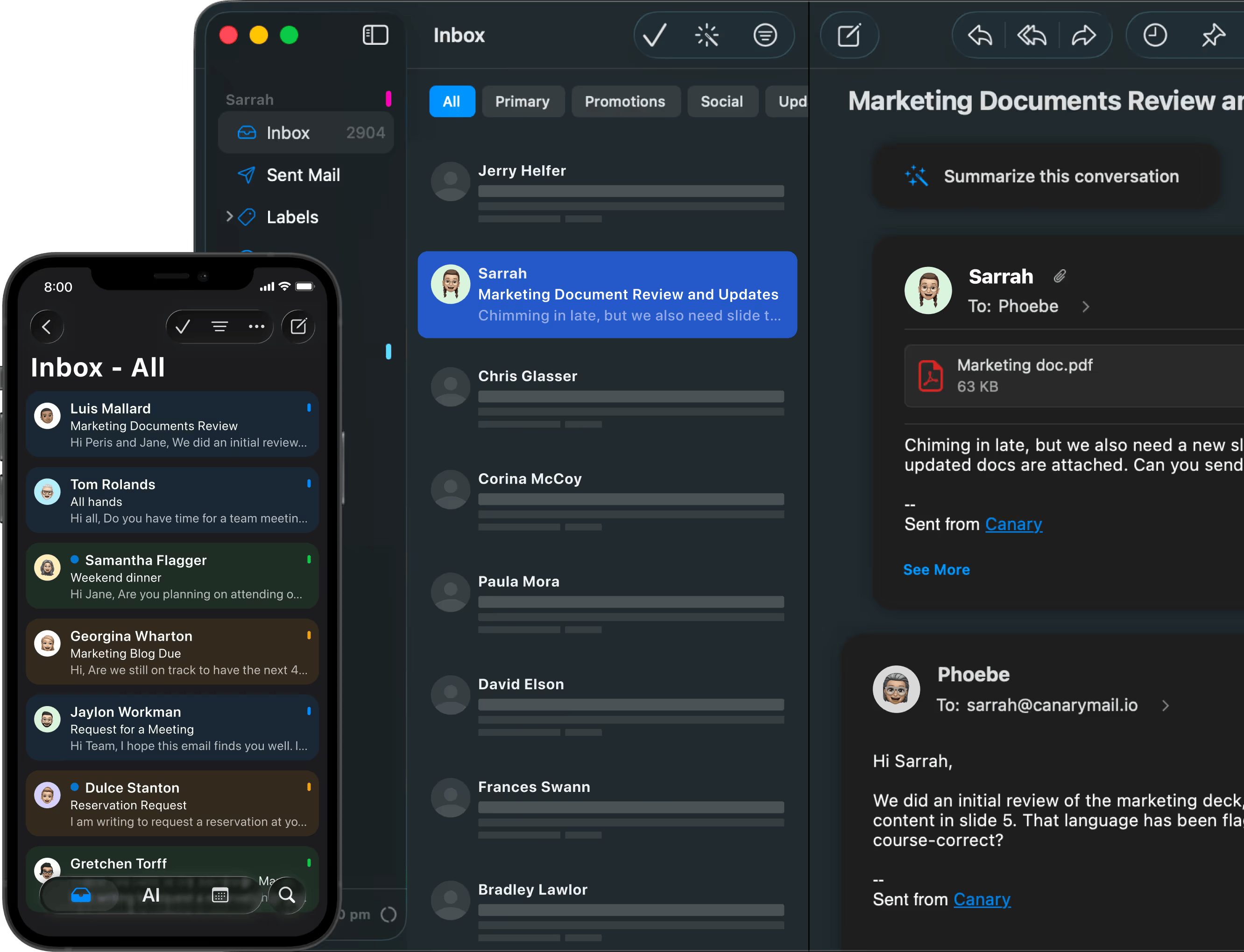 AI-powered email inbox showing organized emails with sender names, subjects, and priority tabs for Primary, Promotions, and Social