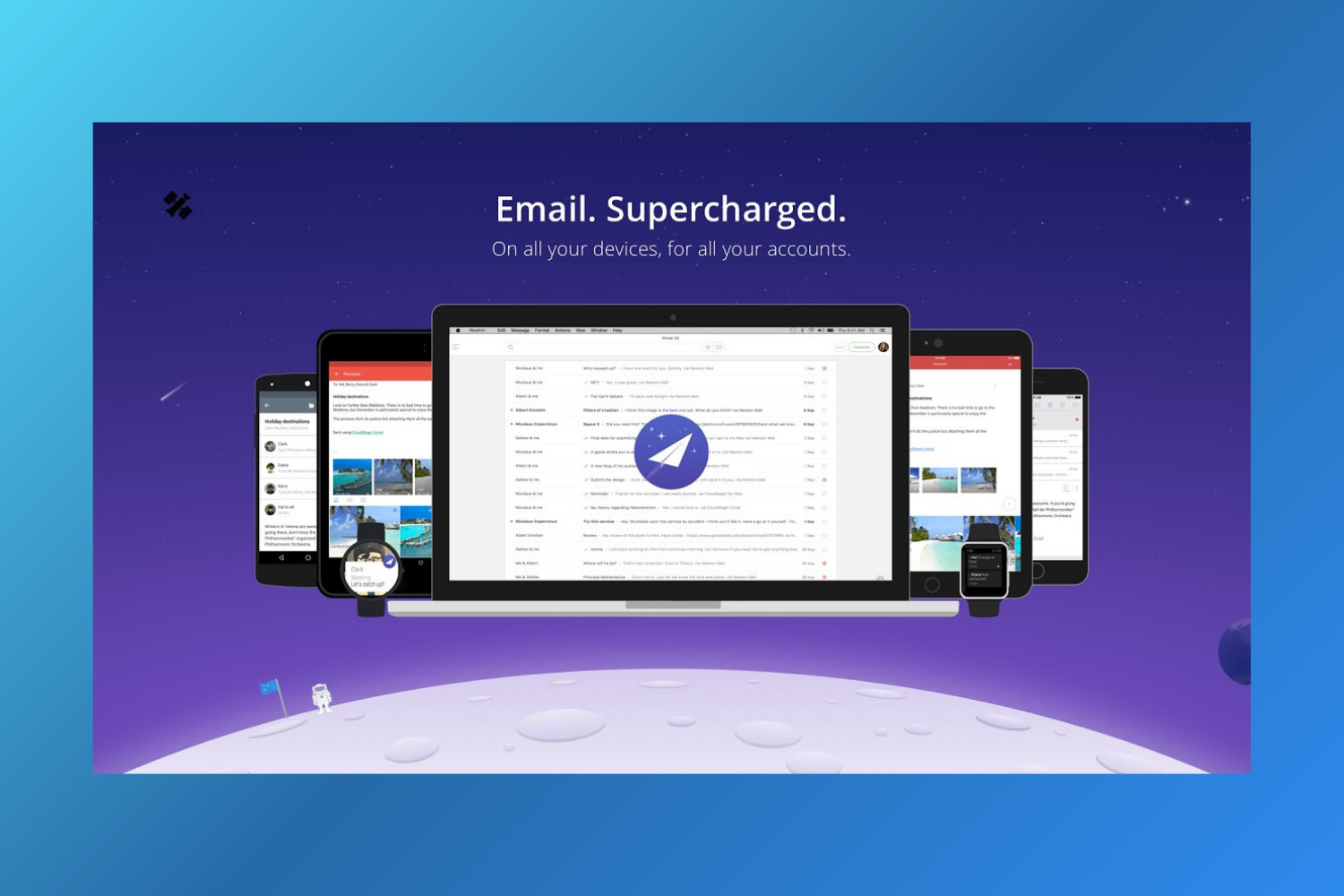 Newton Mail email app interface shown across multiple devices including desktop, tablet, and mobile for a focused inbox experience