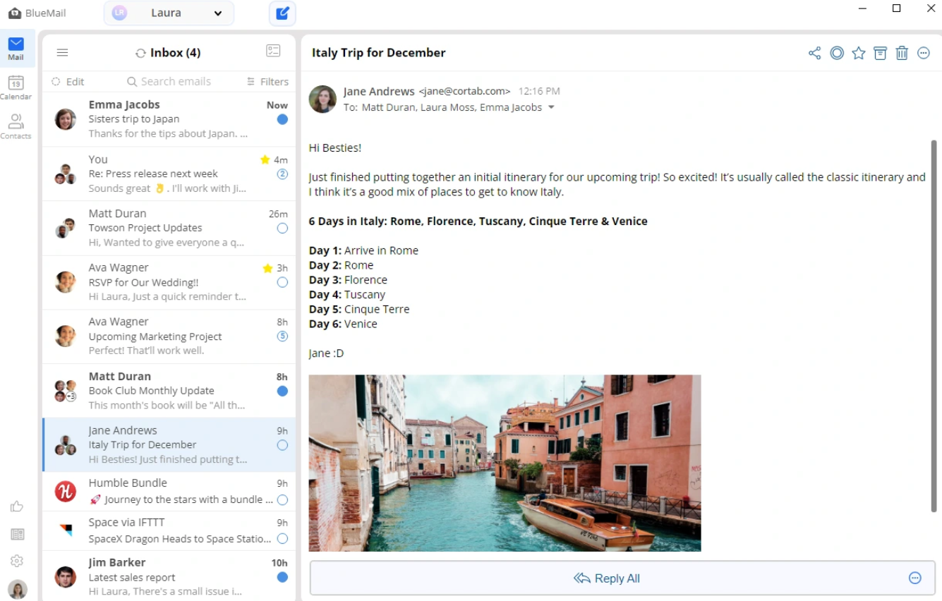 BlueMail email app interface showing unified inbox