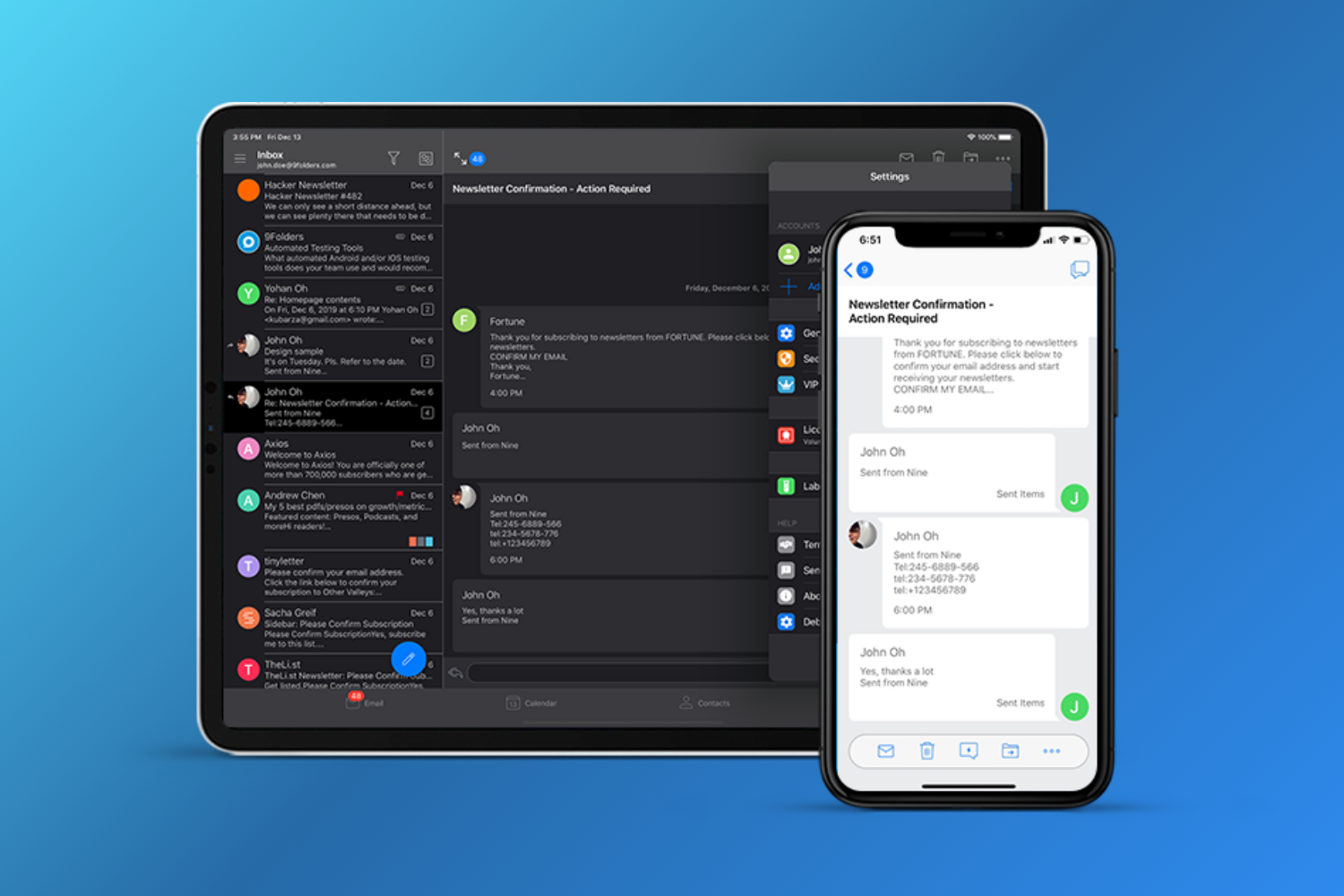 Email app interface on tablet and smartphone showing inbox management on Android and iOS devices