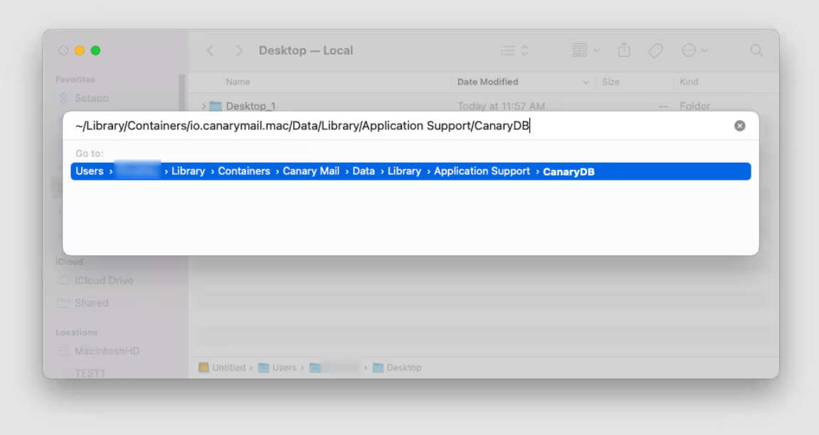 Finder window showing the CanaryDB folder path on macOS for Canary Mail App Store version