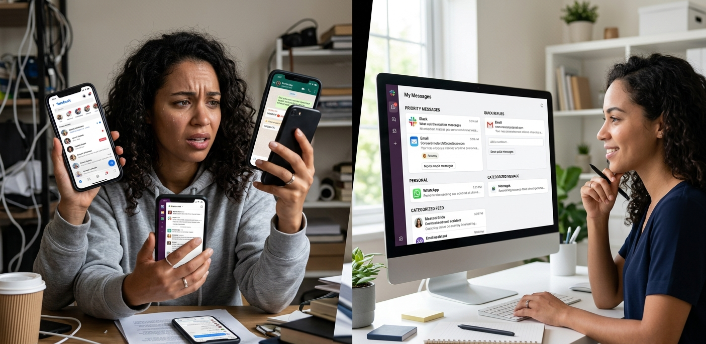 Person struggling with multiple email apps on phone compared to a unified inbox workflow on desktop