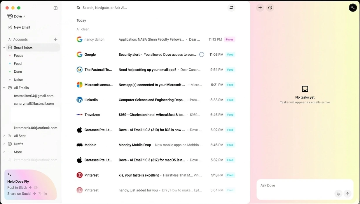 Dove inbox triage interface showing Focus, Feed, Noise, and Done email categories