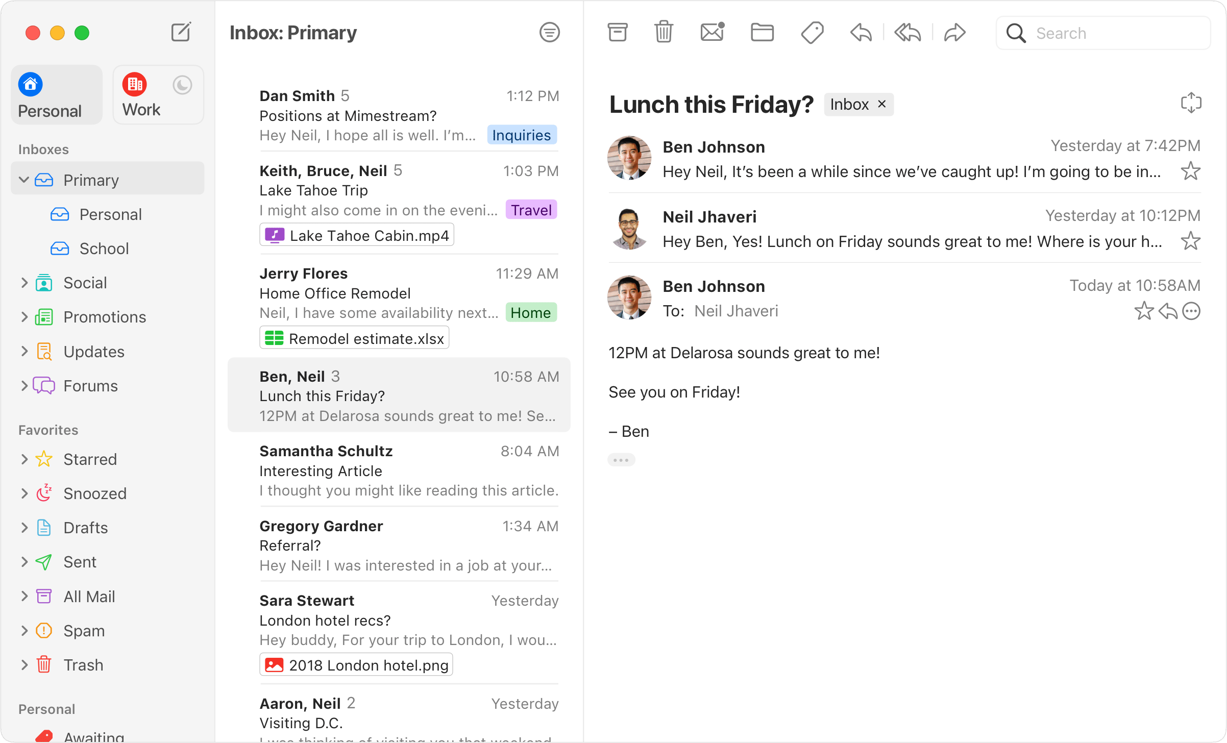 Mimestream email client interface on Mac showing a unified inbox with personal and work accounts, email list, and an open conversation.