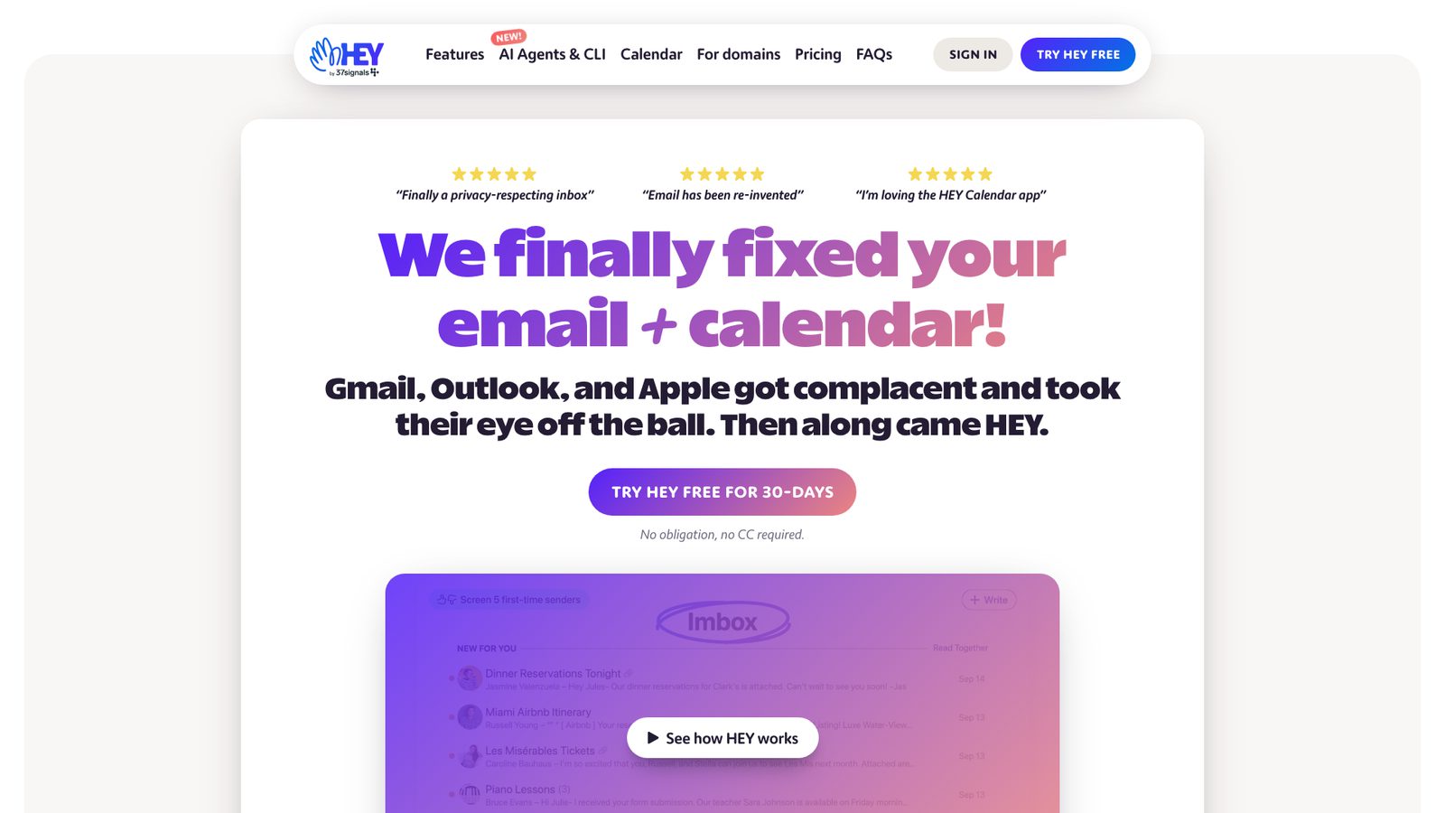 HEY website showing the HEY Imbox