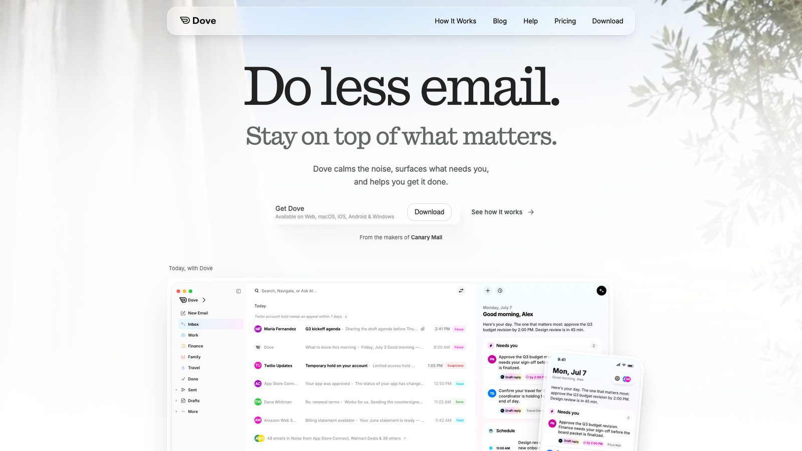 Dove website showing the Dove inbox on Mac and iPhone