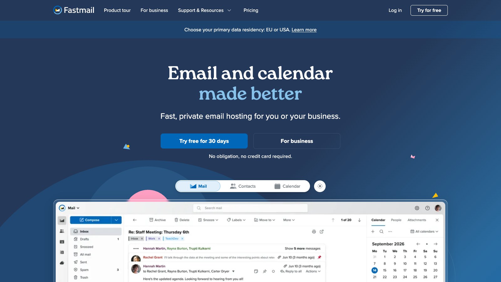 Web de Fastmail con su correo, contactos y calendario