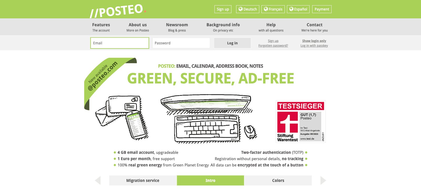 Web de Posteo: correo verde, seguro y sin publicidad por 1 euro al mes