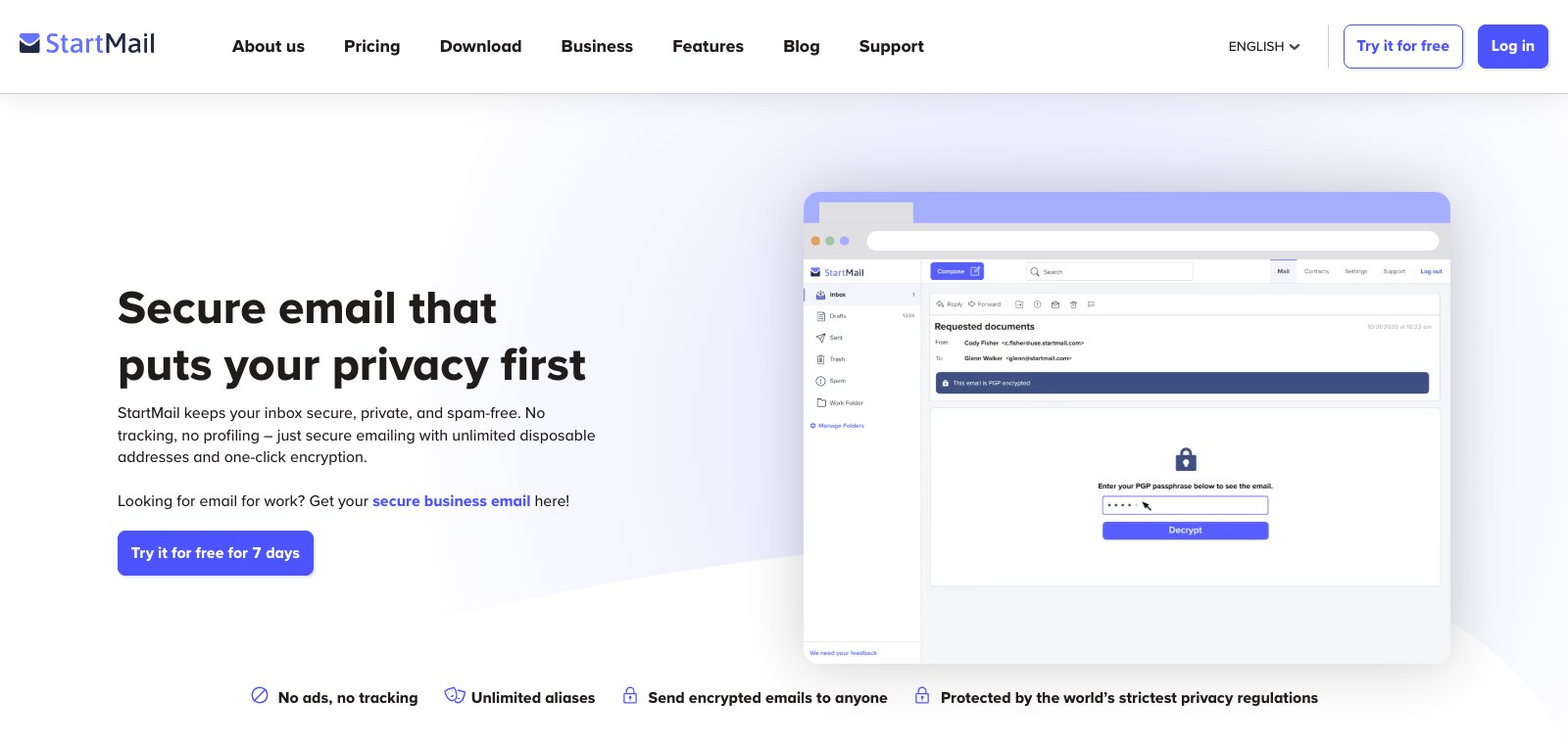 Web de StartMail con un correo cifrado con PGP en su webmail