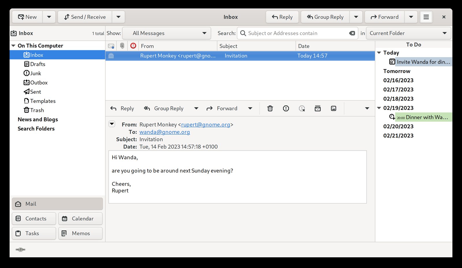 GNOME Evolution avec le courrier, une liste de tâches et le calendrier