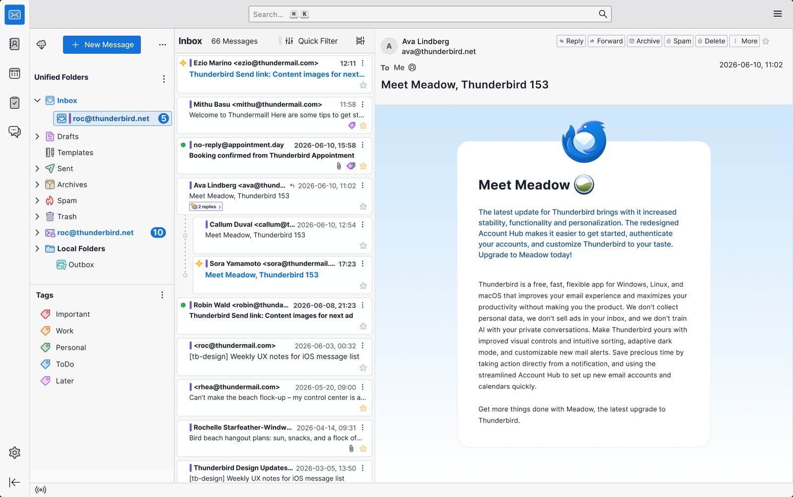 Thunderbird avec les dossiers unifiés, une liste de messages et un e-mail ouvert