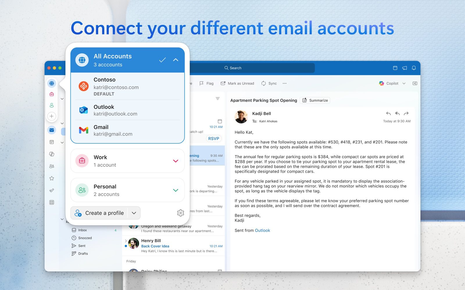 Outlook pour Mac avec des comptes Contoso, Outlook.com et Gmail dans la même barre latérale