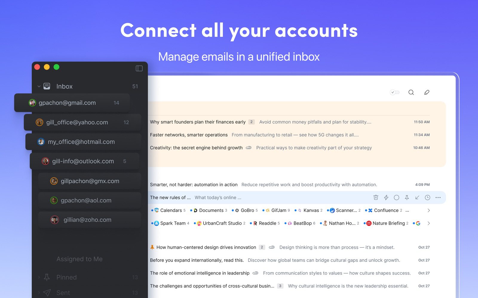 Spark sur Mac avec des comptes Gmail, Yahoo, Hotmail, Outlook et d'autres dans une boîte de réception unifiée