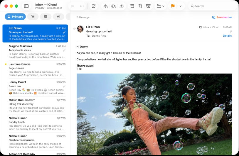 Apple Mail sur Mac avec la catégorie Principale et un message ouvert