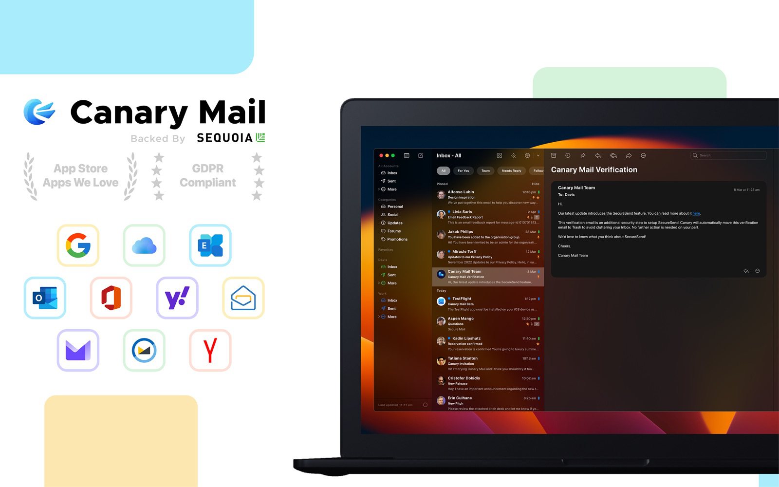 Canary Mail sur Mac avec des comptes Gmail, Outlook, iCloud, Yahoo et d'autres dans une seule boîte de réception
