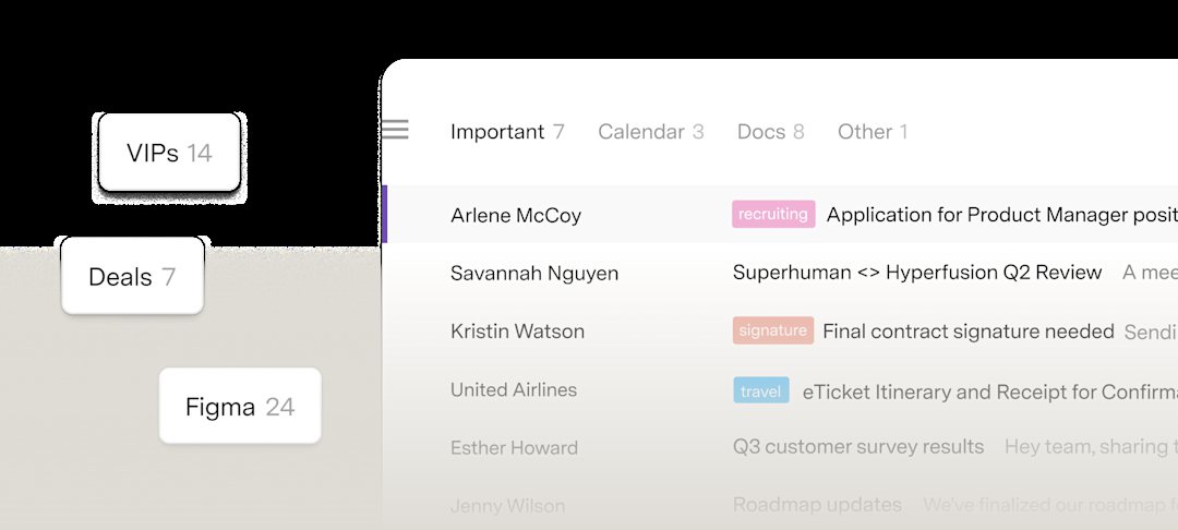 Boîte de réception divisée de Superhuman Mail avec les onglets Important, Calendar, Docs et Other