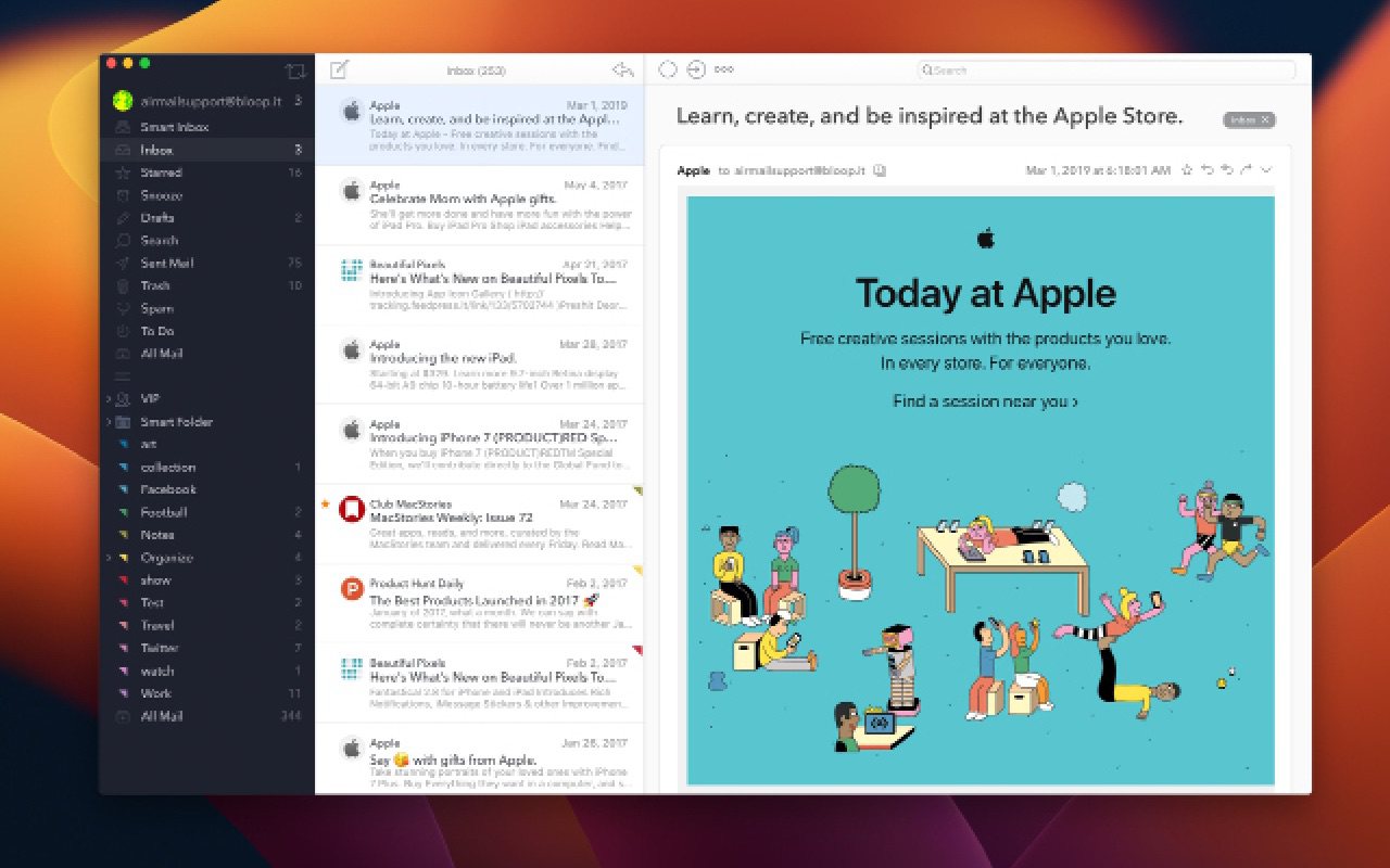Airmail sur Mac avec des dossiers intelligents, une liste de messages et un e-mail ouvert
