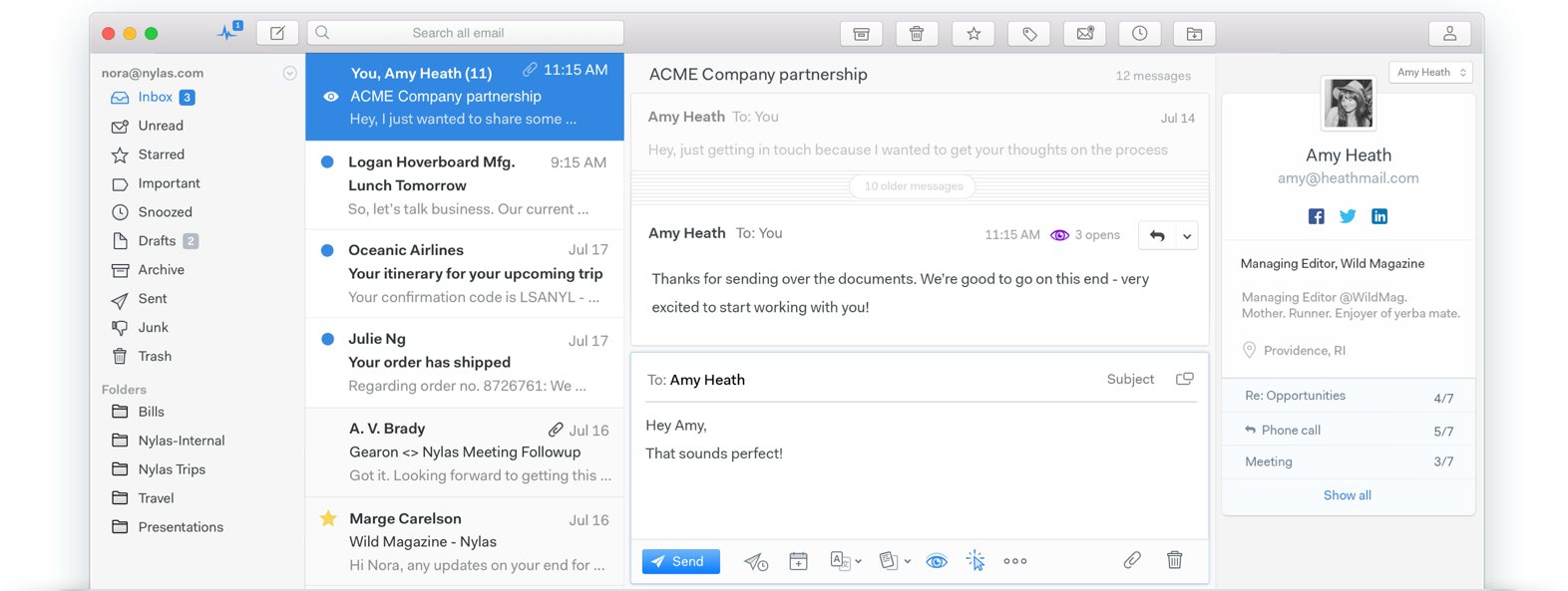 Mailspring sur Mac avec une boîte unifiée, une conversation ouverte et une fiche contact