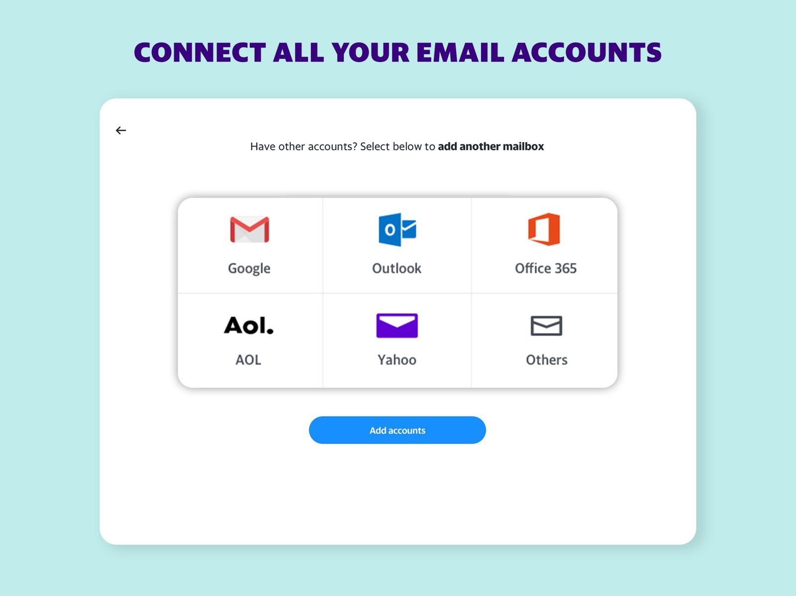 Yahoo Mail on iPad asking which email account to add: Google, Outlook, Office 365, AOL, Yahoo or others