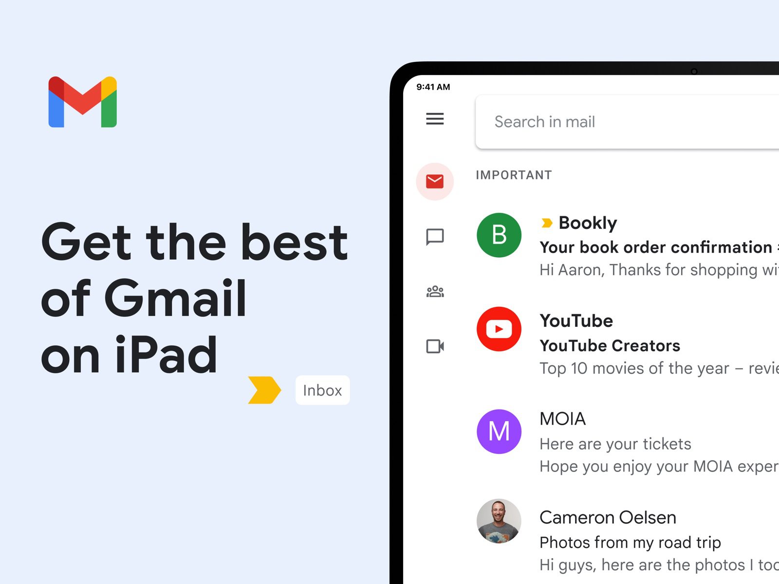 Gmail inbox on iPad with Social, Promotions and Updates tabs