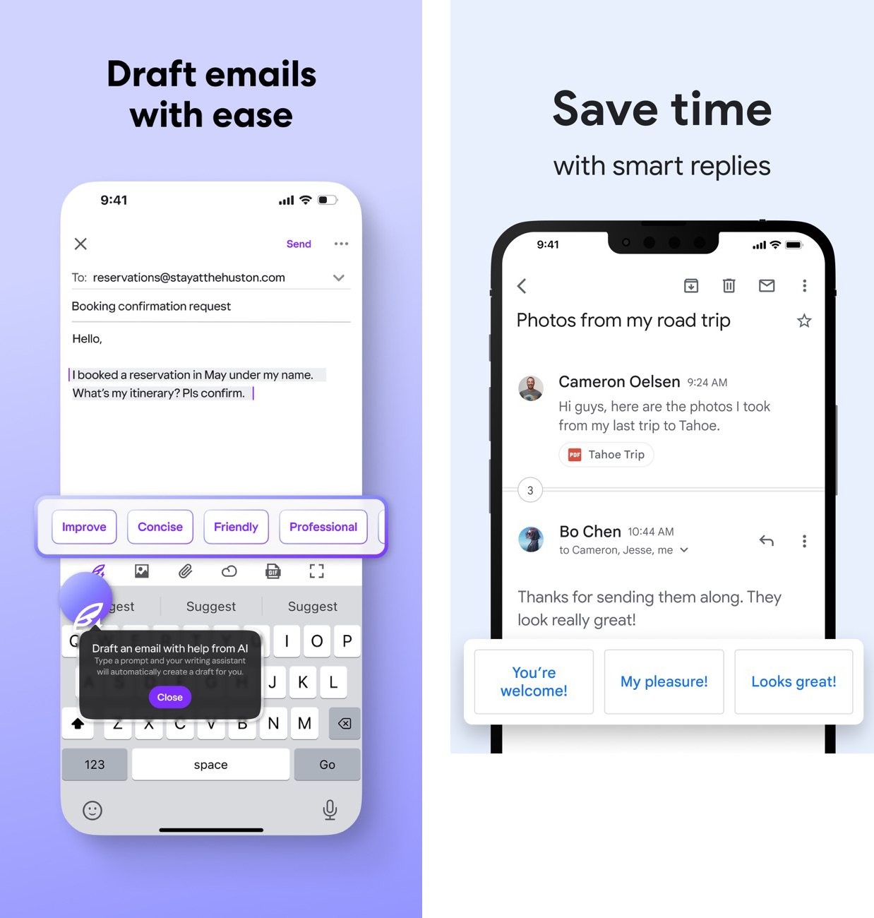 AI writing in the Yahoo Mail app (left) and smart replies in the Gmail app (right)