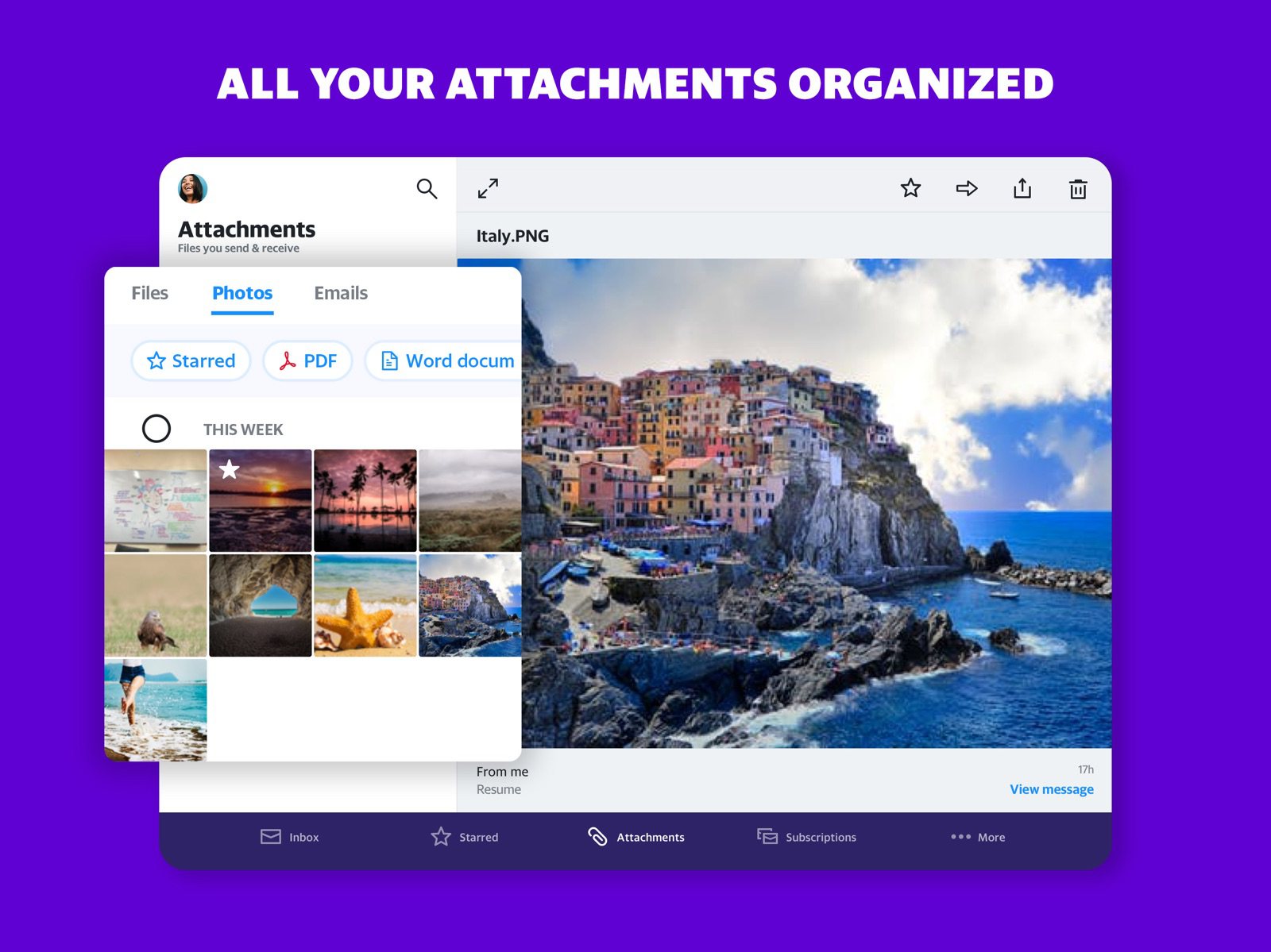 Yahoo Mail inbox on iPad with the attachments view open