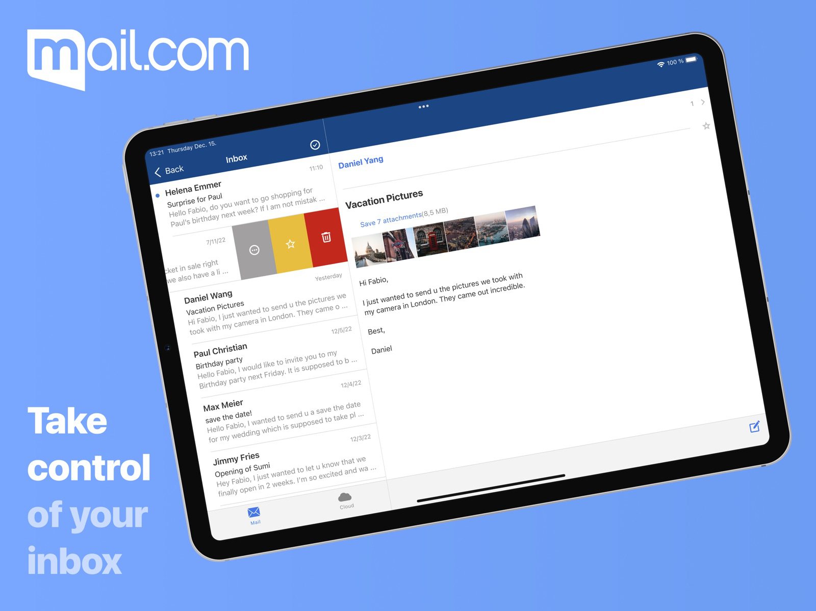 Приложение mail.com на iPad: папка «Входящие»