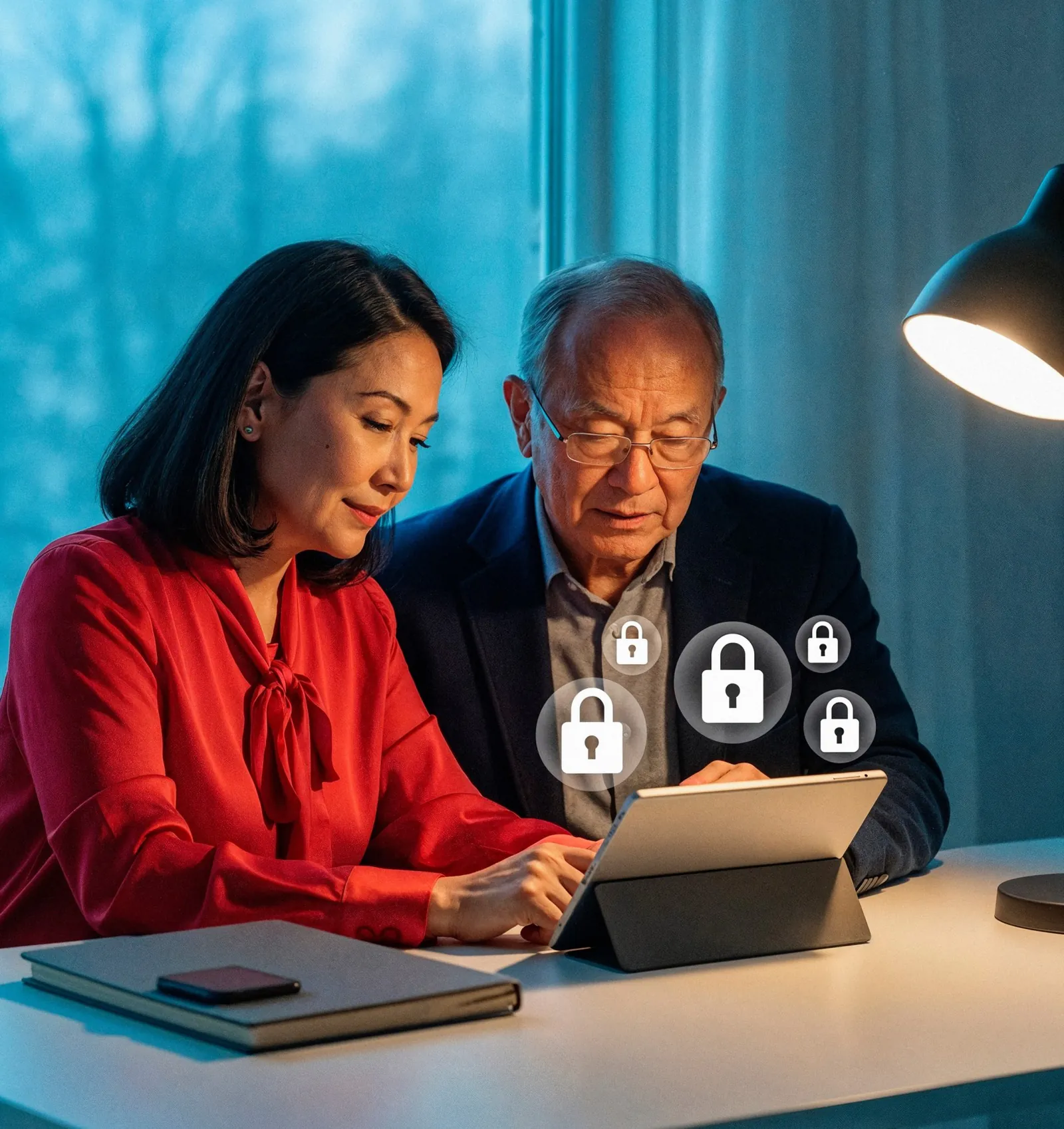 Two professionals reviewing secure email settings and privacy features on a tablet