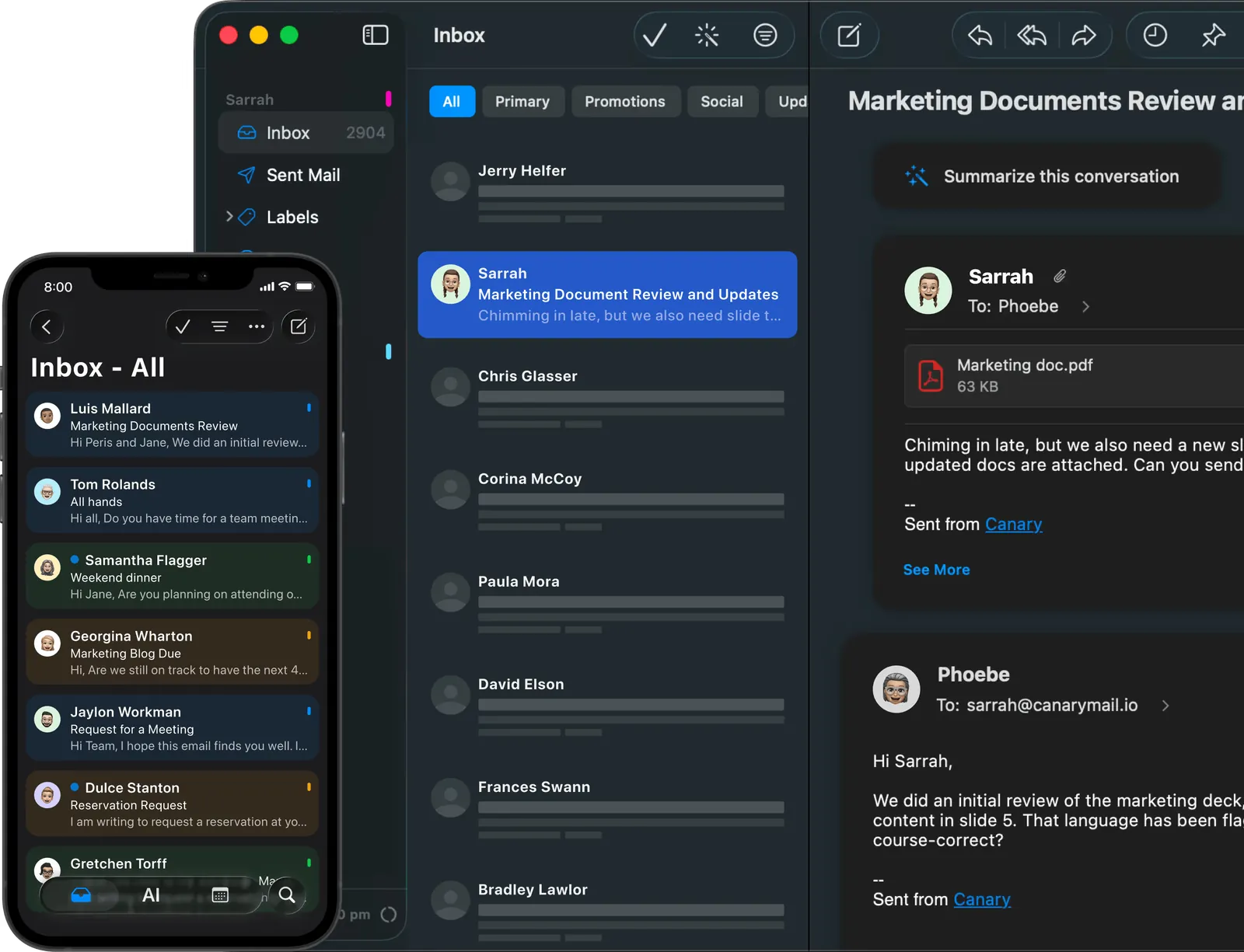AI-powered email inbox showing organized emails with sender names, subjects, and priority tabs for Primary, Promotions, and Social