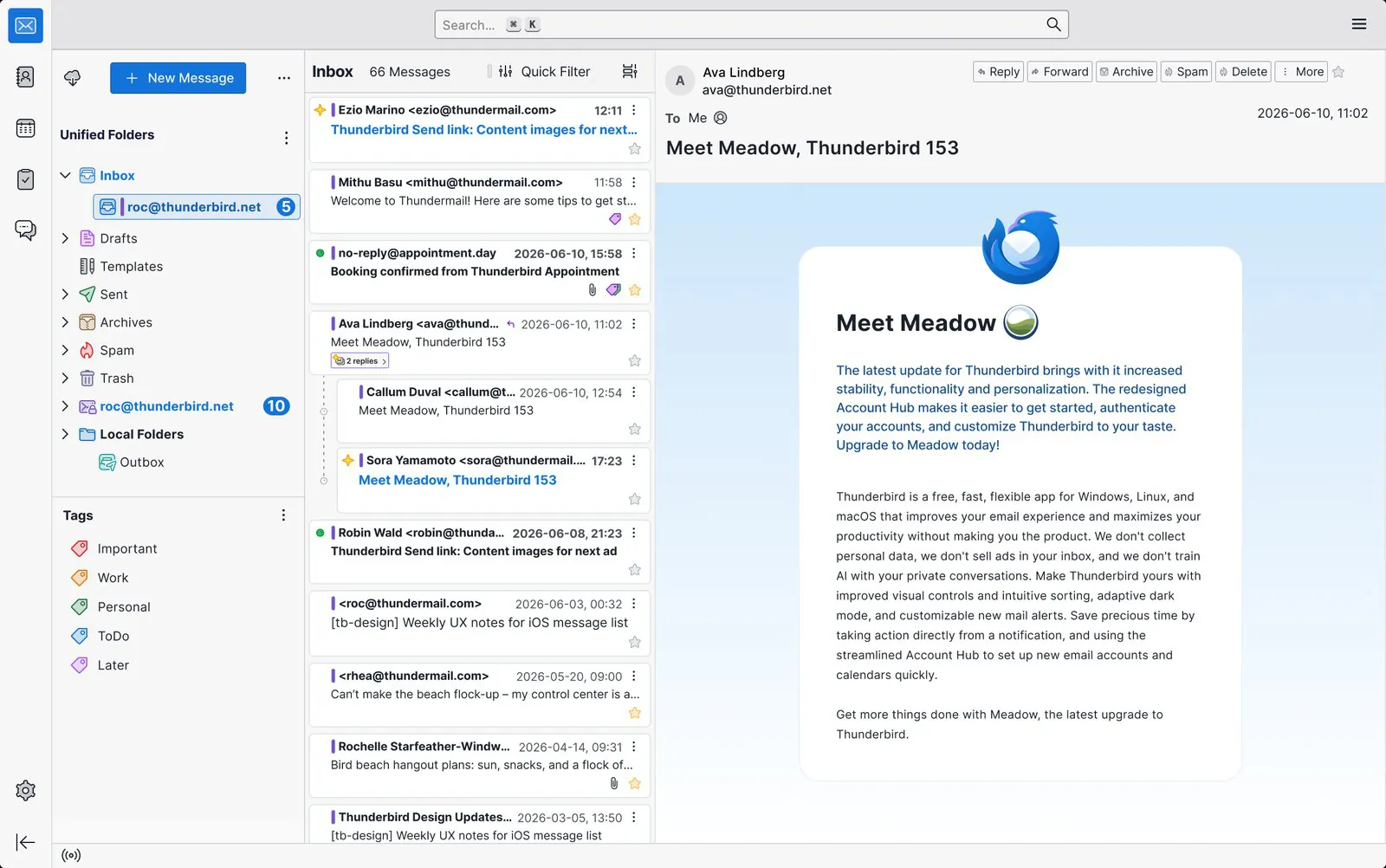 Thunderbird with unified folders, a message list and an open email