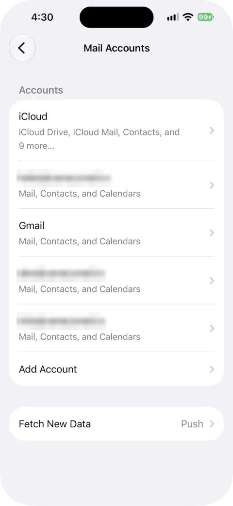 Mail Accounts screen on iPhone with Add Account and Fetch New Data