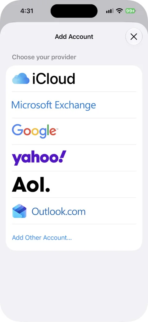 Add Account provider list on iPhone: iCloud, Microsoft Exchange, Google, Yahoo, Aol., Outlook.com and Add Other Account