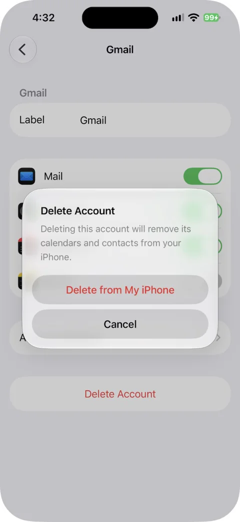 Delete Account confirmation on iPhone with Delete from My iPhone and Cancel