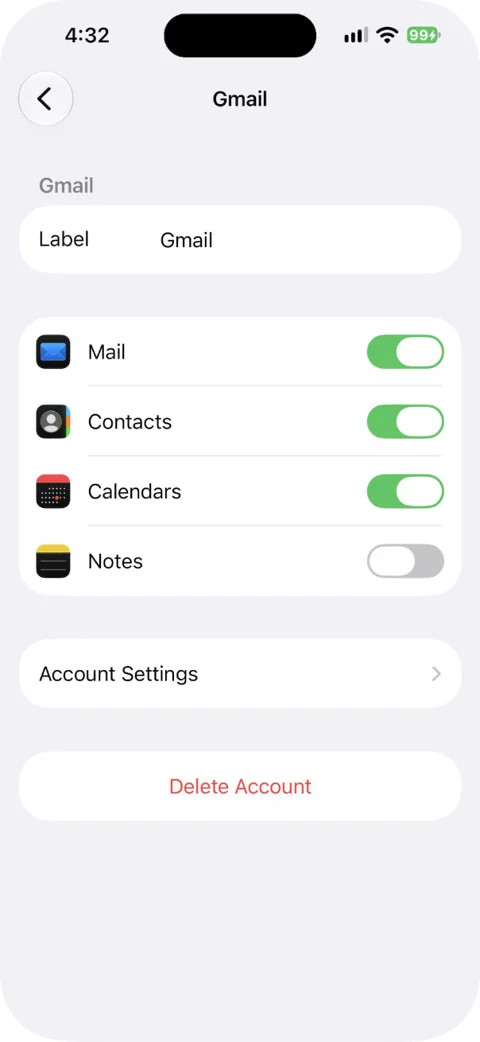 A Gmail account screen on iPhone with the Mail switch, Account Settings and Delete Account
