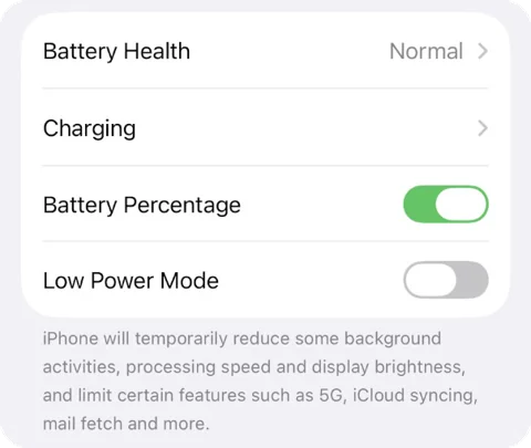 Low Power Mode switch in iPhone Battery settings