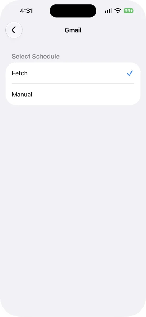 Schedule options for a Gmail account on iPhone: Fetch and Manual