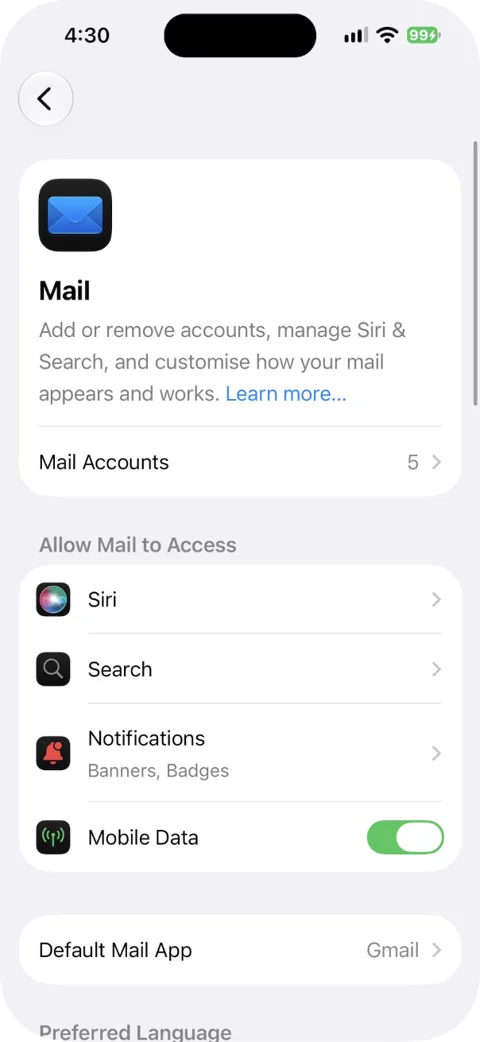 Mail settings on iPhone with Mail Accounts, Notifications and Default Mail App