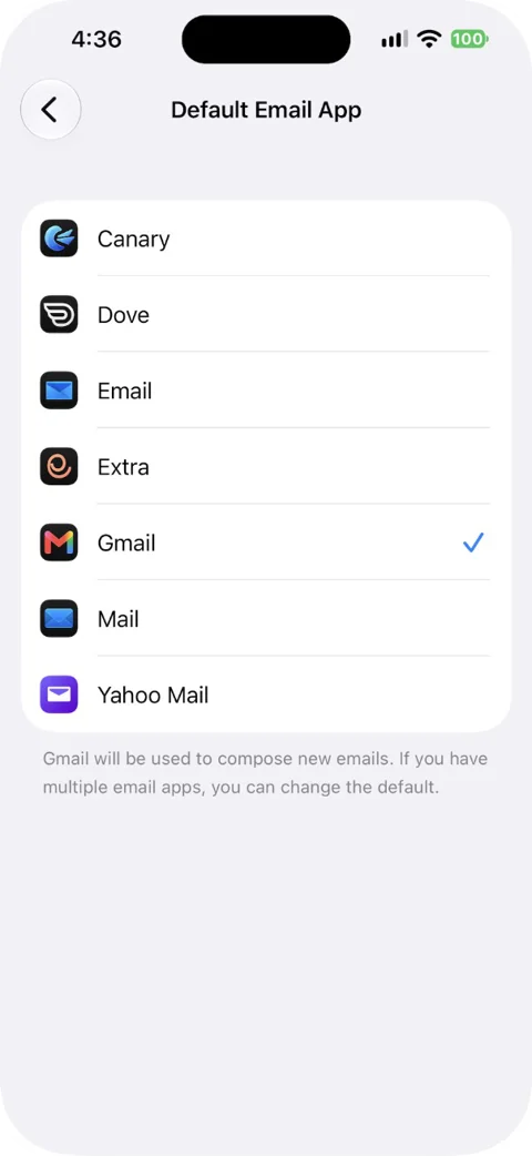 Default Email App list on iPhone