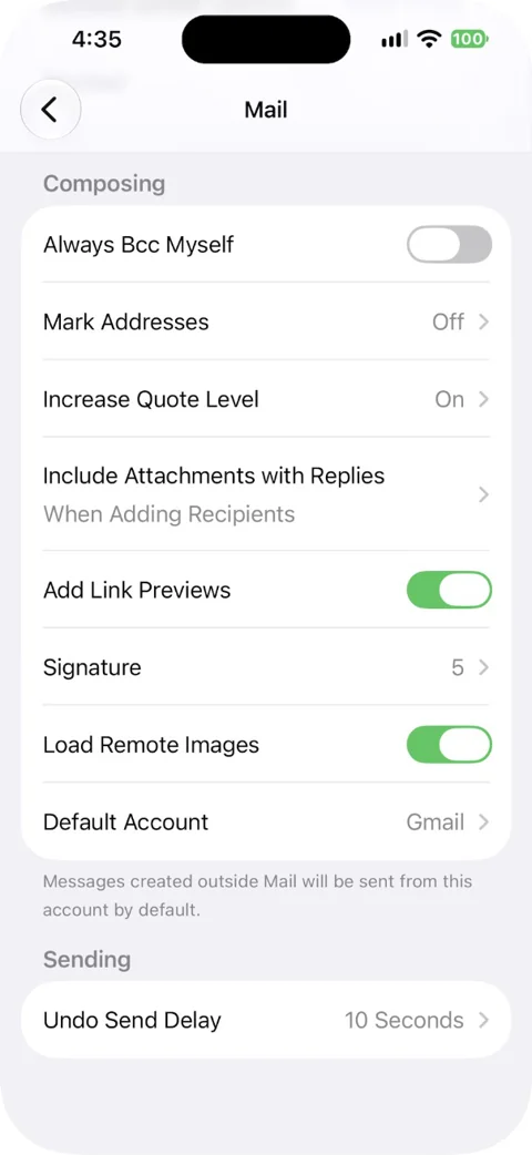 Composing and Sending sections in iPhone Mail settings with Signature, Default Account and Undo Send Delay