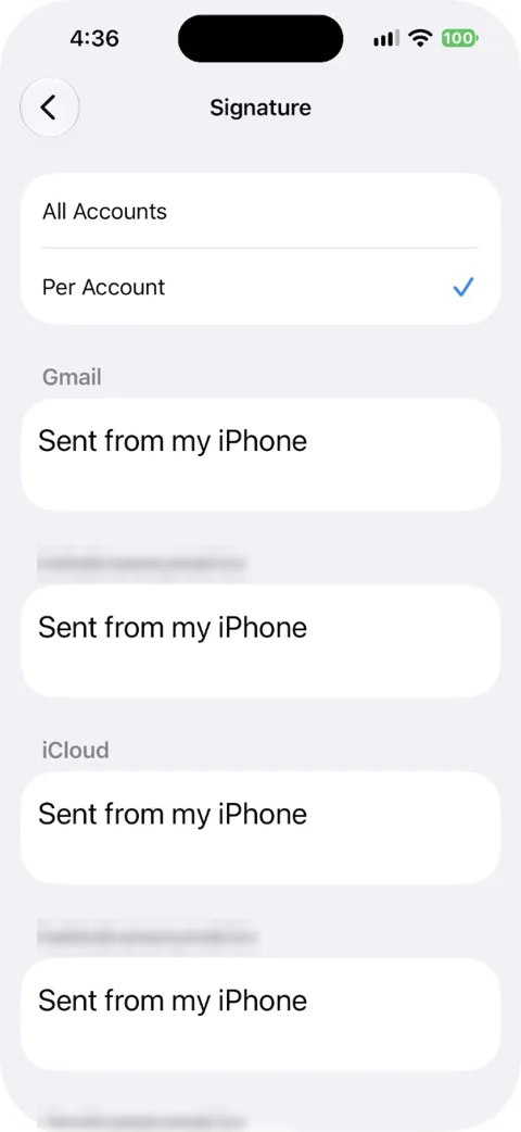 Signature screen in iPhone Mail settings with All Accounts and Per Account